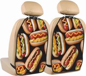 Kick Mat Back Seat Protector for Car 2 Pack Extra Large Car Back Seat Cover with 3 Storage Pockets Waterproof Seat Back Protector Fun Food Hot Dogs Backseat Car Organizer for Trucks SUV