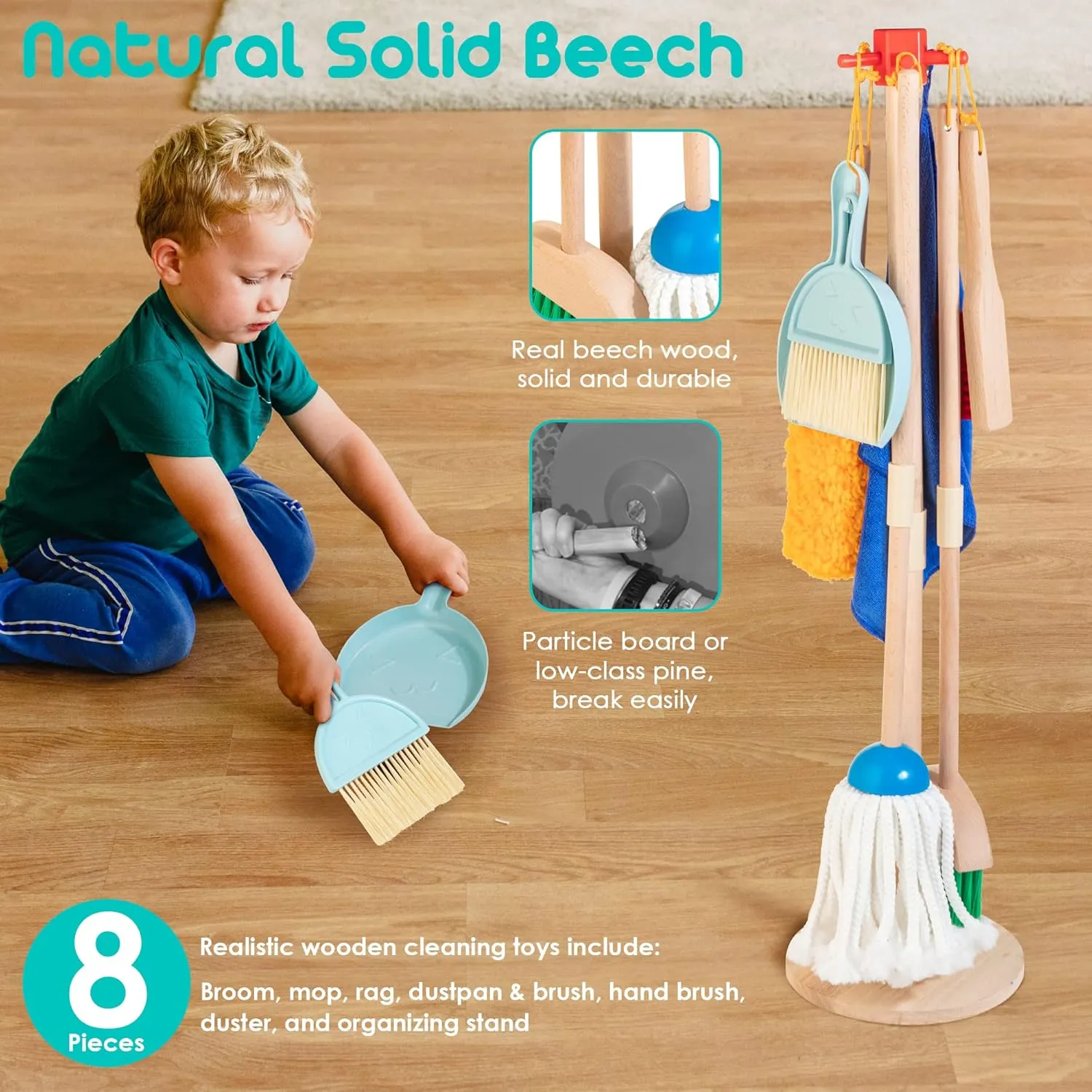 Kids Cleaning Set, 8pcs Housekeeping Play Set Includes Broom Mop Duster Dustpan Brushes Rag and Organizing Stand, Cleaning Toys Gift for Toddlers Girls Boys Age 3-6, Solid Beech Wood