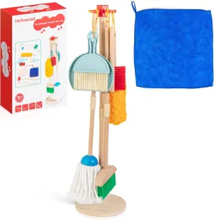 Kids Cleaning Set, 8pcs Housekeeping Play Set Includes Broom Mop Duster Dustpan Brushes Rag and Organizing Stand, Cleaning Toys Gift for Toddlers Girls Boys Age 3-6, Solid Beech Wood