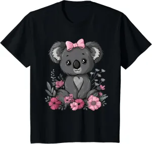 Kids Koala Kawaii Koala Bear Pink Bow Flowers Girls Kids T-Shirt