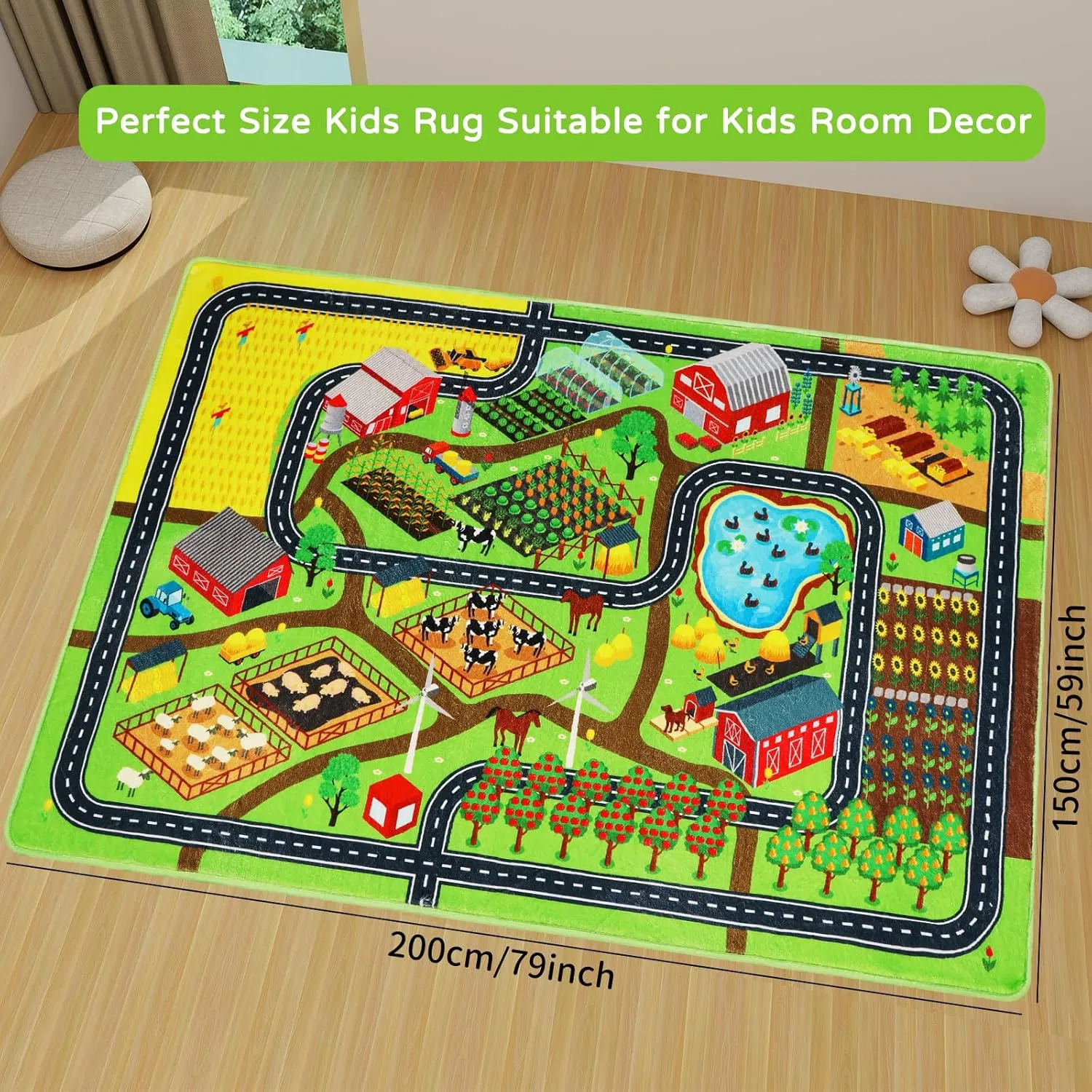 Kids Rug Play Mat for Toy Cars, 59"×78.7" Farm Life Road Traffic for Playroom Kids Car Road Rug Village Map Mat Farm Animals Washable Play Carpet for Toddlers Boys Room Family Tummy Time Playtime