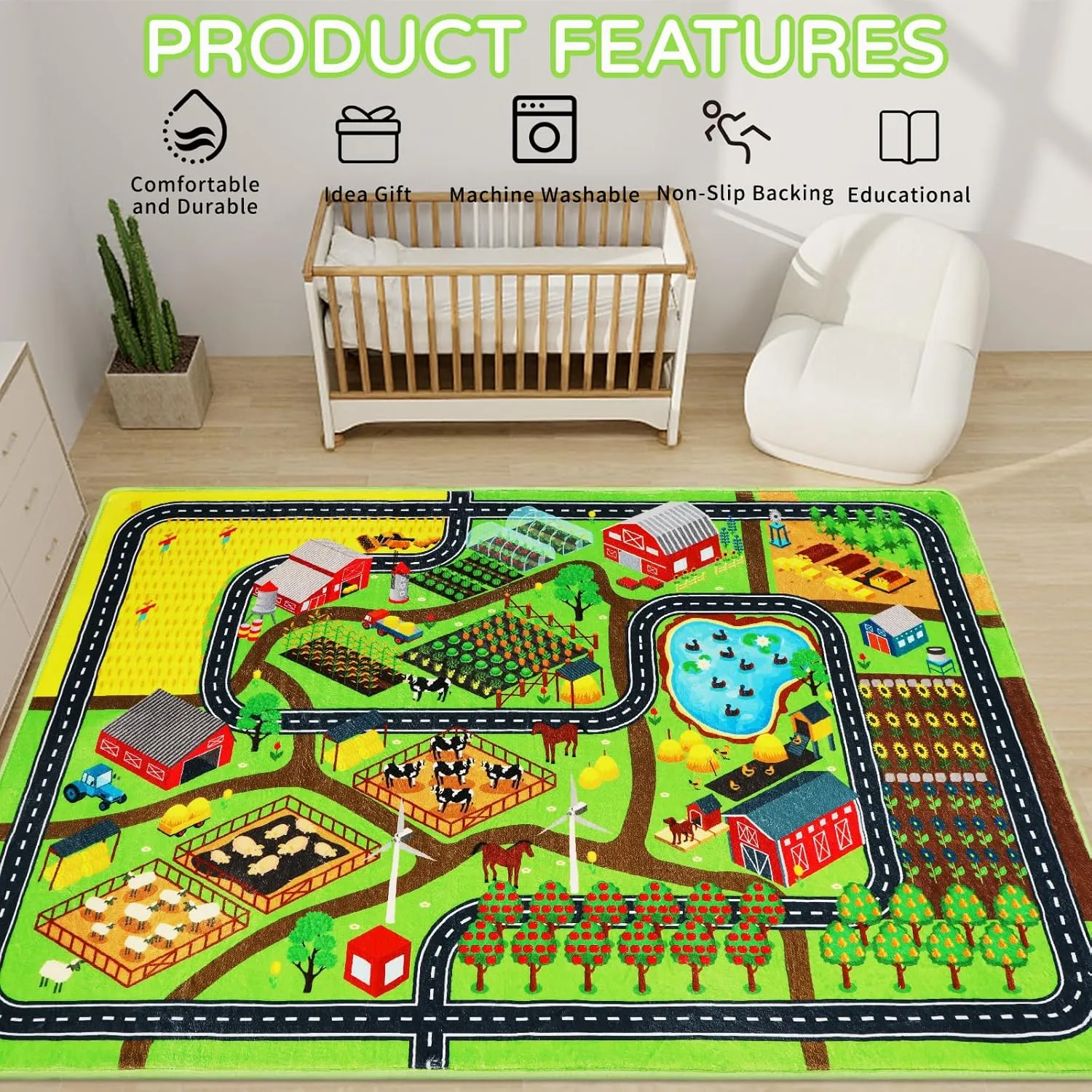 Kids Rug Play Mat for Toy Cars, 59"×78.7" Farm Life Road Traffic for Playroom Kids Car Road Rug Village Map Mat Farm Animals Washable Play Carpet for Toddlers Boys Room Family Tummy Time Playtime