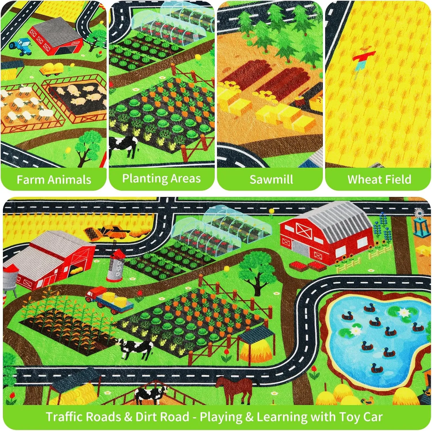 Kids Rug Play Mat for Toy Cars, 59"×78.7" Farm Life Road Traffic for Playroom Kids Car Road Rug Village Map Mat Farm Animals Washable Play Carpet for Toddlers Boys Room Family Tummy Time Playtime