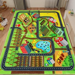 Kids Rug Play Mat for Toy Cars, 59"×78.7" Farm Life Road Traffic for Playroom Kids Car Road Rug Village Map Mat Farm Animals Washable Play Carpet for Toddlers Boys Room Family Tummy Time Playtime