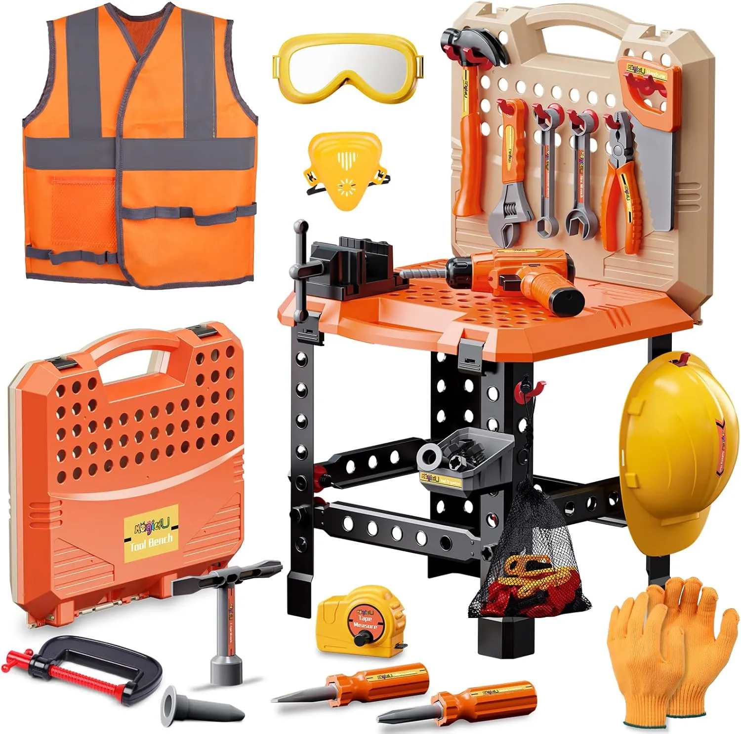 Kids Tool Bench Set,MAGIC4U 95PCS Toddler Tool Workbench with Electronic Drill 13 Tool Equipements,Safety Vest & Hat,Pretend Play Kids Construction Toys Gift for Boys Girls Age 3,4,5,6,7,8