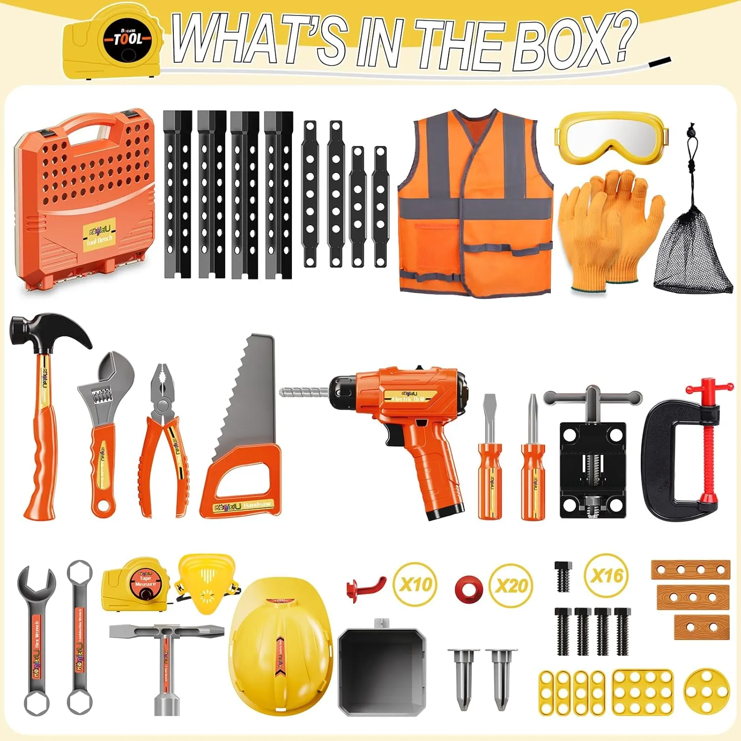 Kids Tool Bench Set,MAGIC4U 95PCS Toddler Tool Workbench with Electronic Drill 13 Tool Equipements,Safety Vest & Hat,Pretend Play Kids Construction Toys Gift for Boys Girls Age 3,4,5,6,7,8