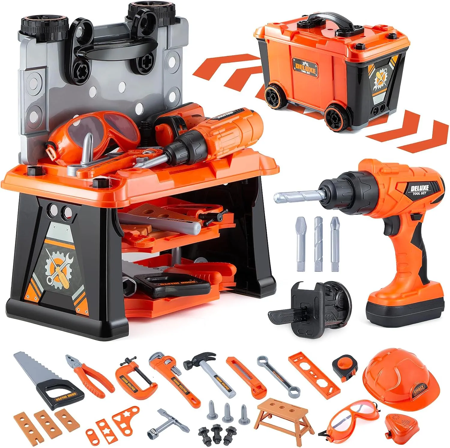 Kids Tool Bench-Zealous 79pcs Transformable Set, Toddler Workbench Toy with Electric Drill, Pretend Construction Playset for Boys Girls Age 3 , Orange & Black, HB3222-3