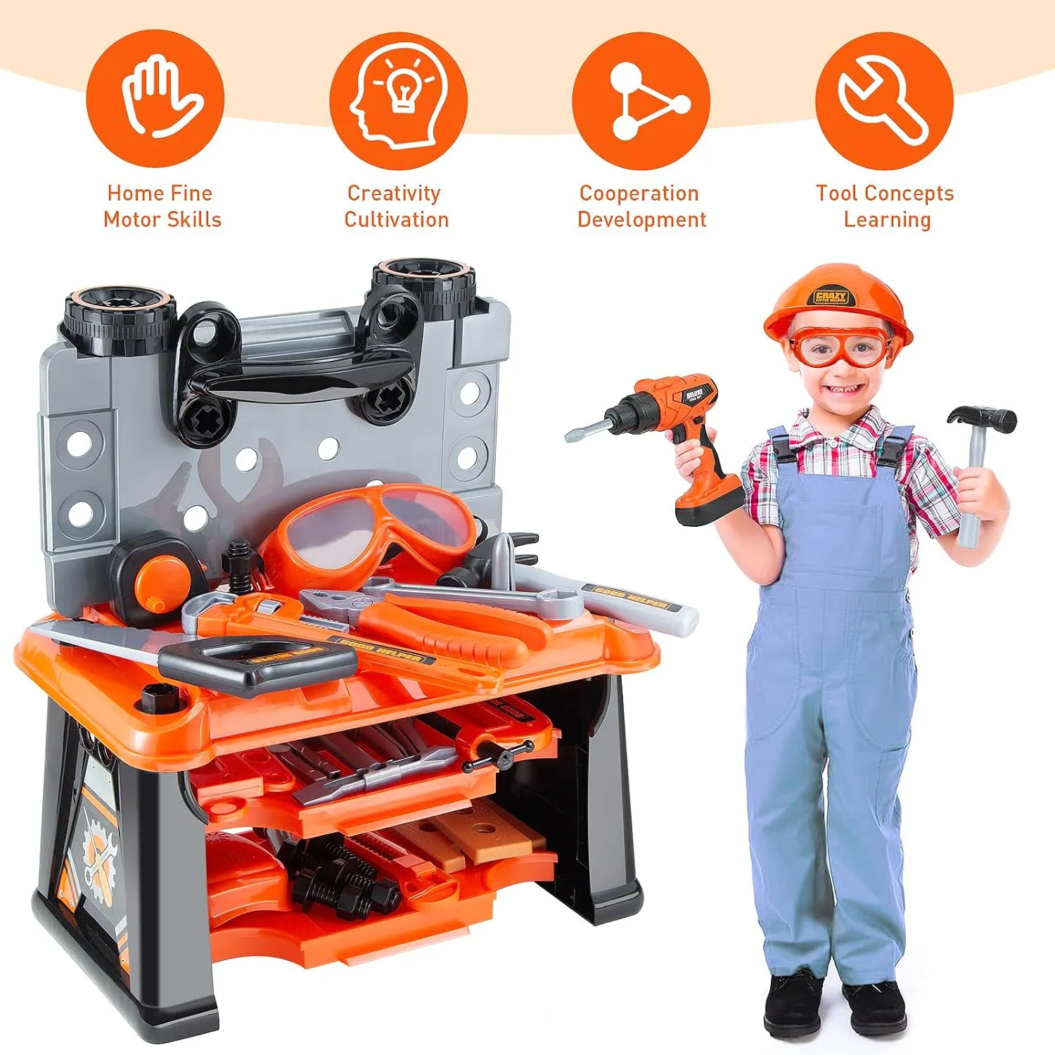 Kids Tool Bench-Zealous 79pcs Transformable Set, Toddler Workbench Toy with Electric Drill, Pretend Construction Playset for Boys Girls Age 3 , Orange & Black, HB3222-3