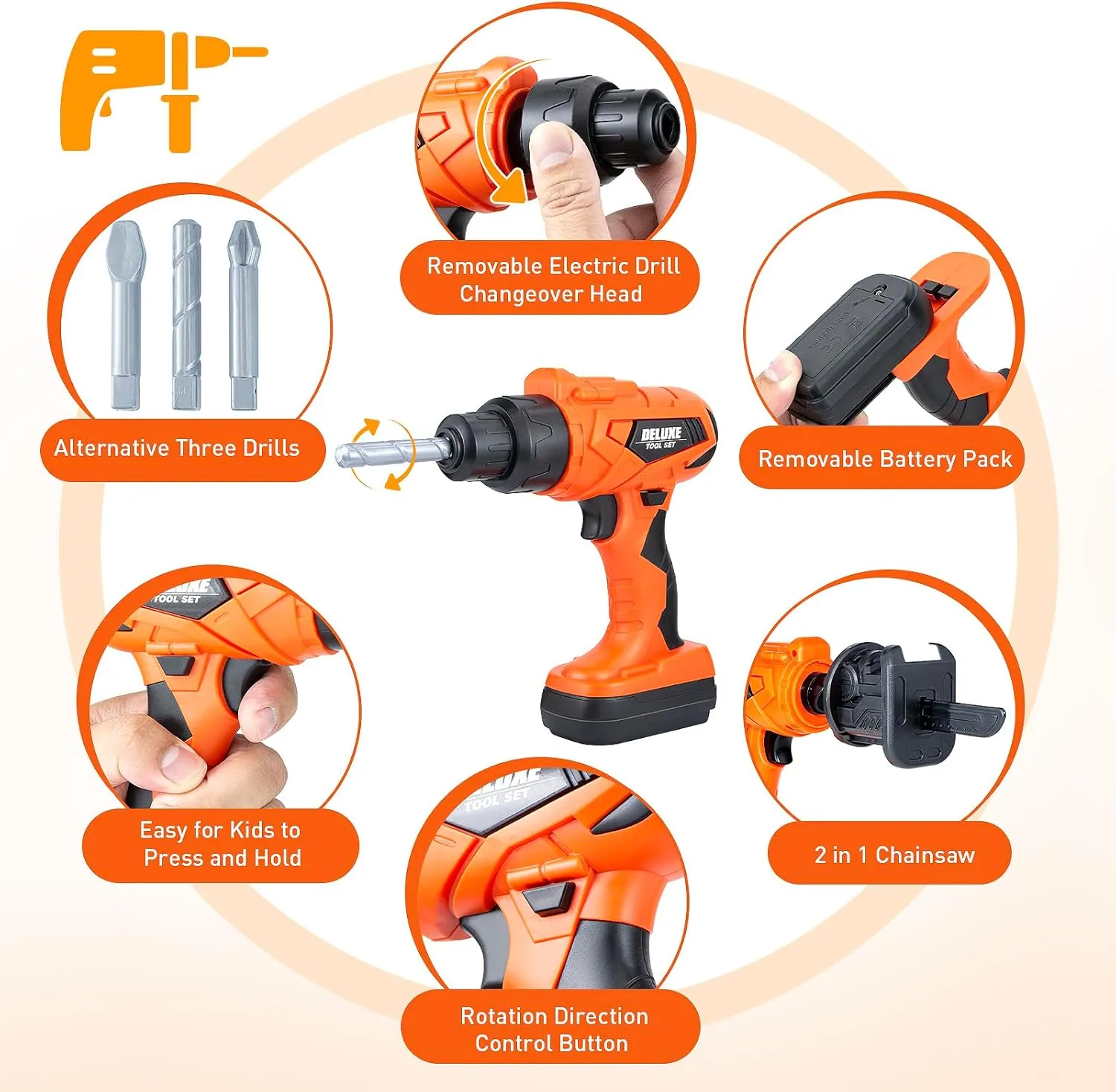 Kids Tool Bench-Zealous 79pcs Transformable Set, Toddler Workbench Toy with Electric Drill, Pretend Construction Playset for Boys Girls Age 3 , Orange & Black, HB3222-3