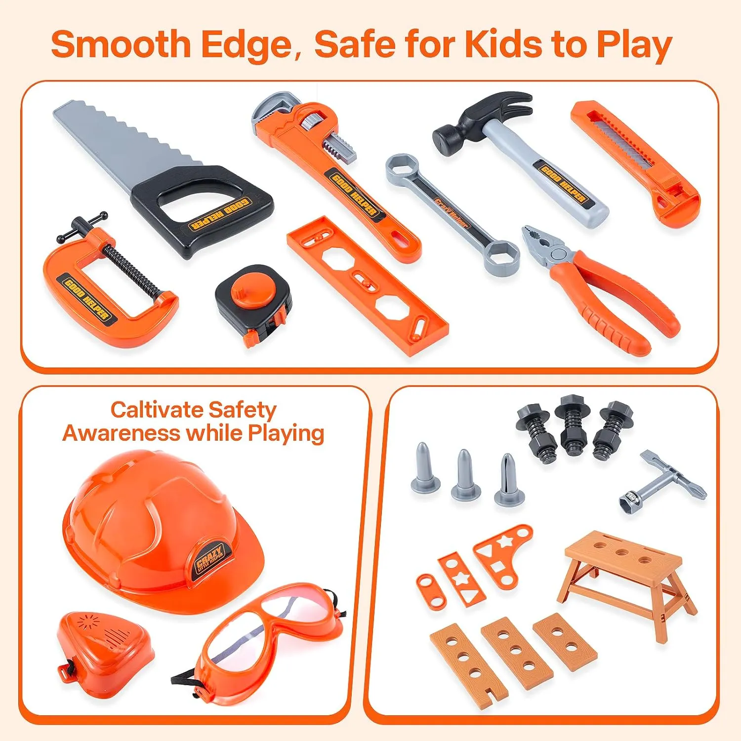 Kids Tool Bench-Zealous 79pcs Transformable Set, Toddler Workbench Toy with Electric Drill, Pretend Construction Playset for Boys Girls Age 3 , Orange & Black, HB3222-3