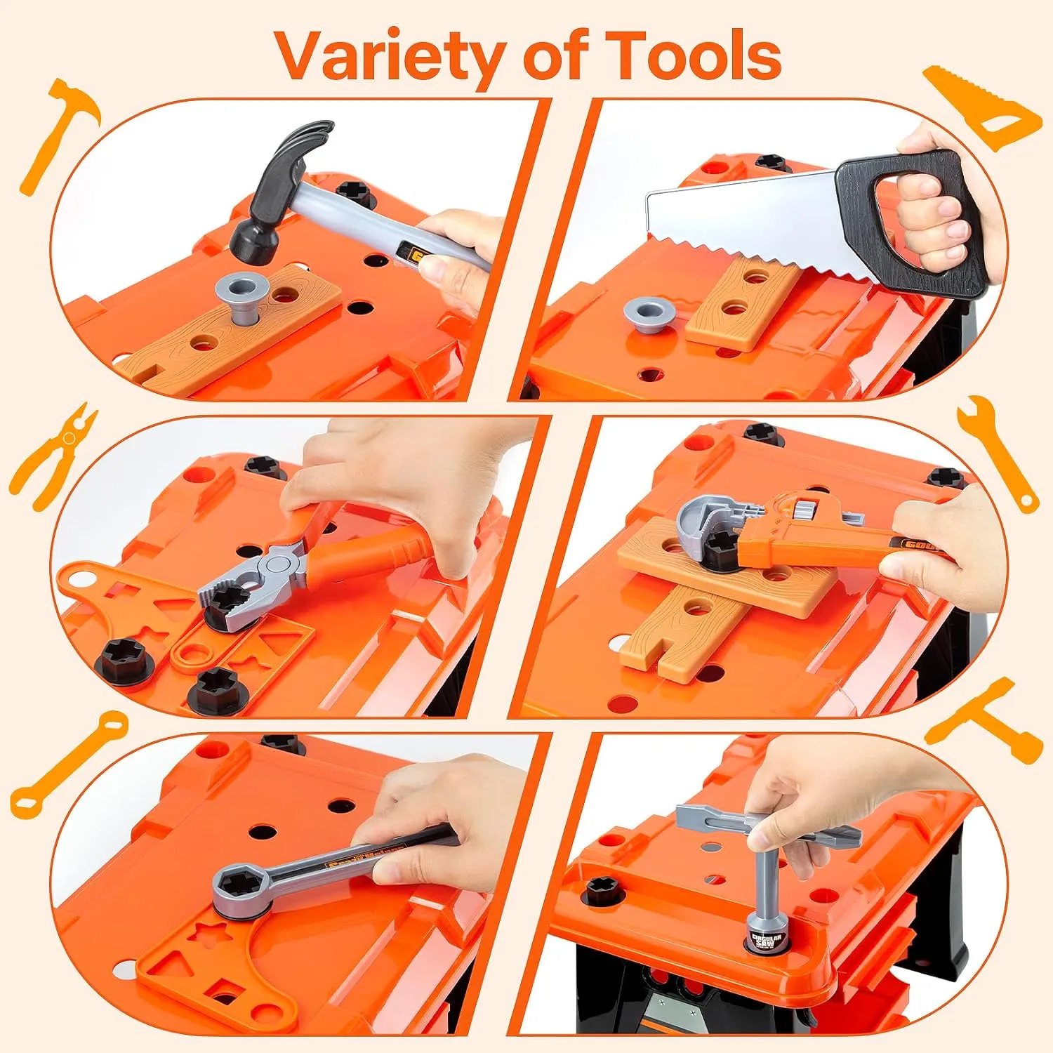 Kids Tool Bench-Zealous 79pcs Transformable Set, Toddler Workbench Toy with Electric Drill, Pretend Construction Playset for Boys Girls Age 3 , Orange & Black, HB3222-3