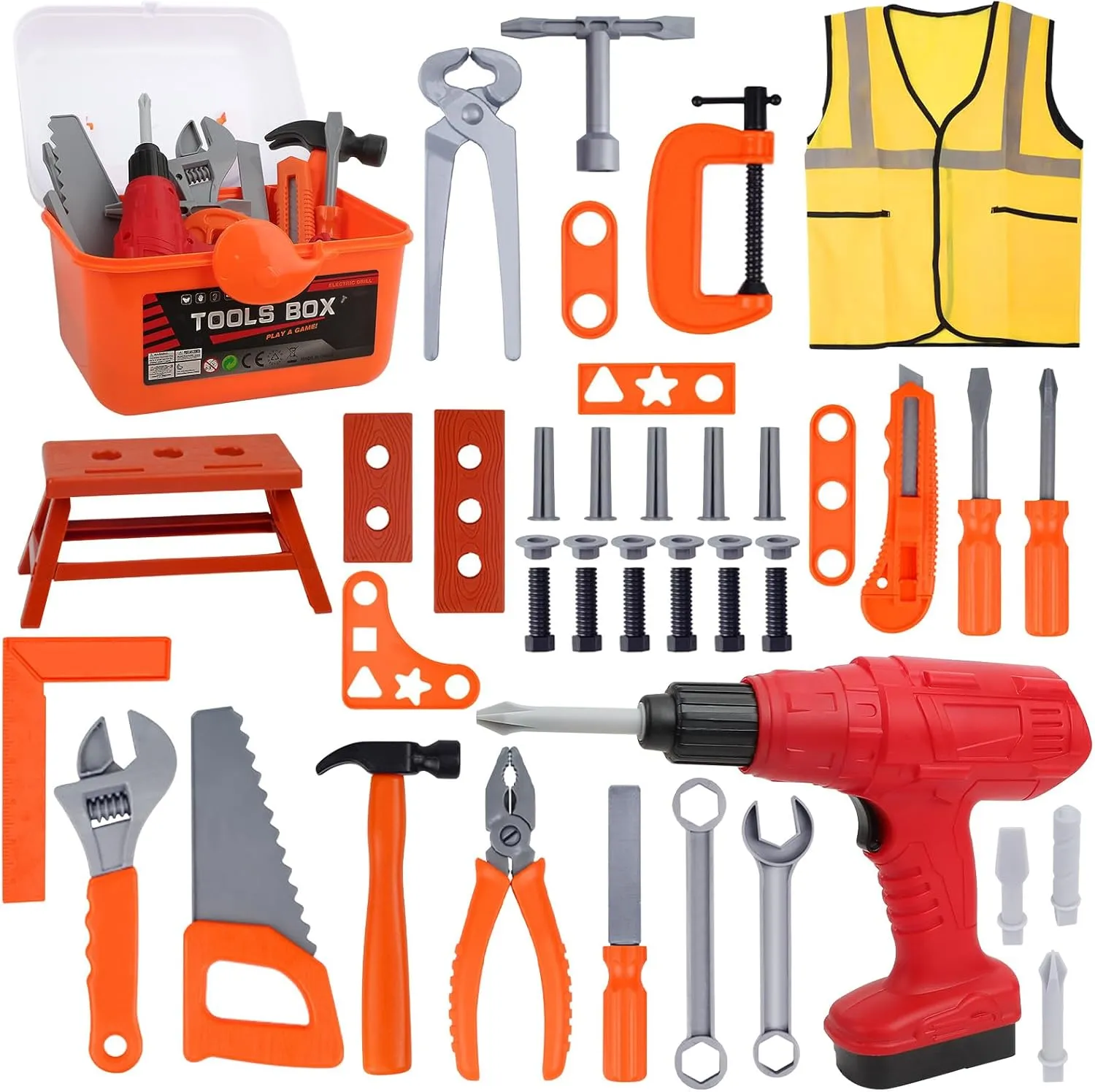 Kids Tool Set, 48 Pcs Toy Tool Box for Toddlers Ages 3-5, Pretend Play Construction Toy, Includes Toy Wrench, Drill, Hammer, Screwdriver, Screw Set, Gift for 3 4 5 6 7 Years Old Boys Girls