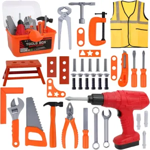 Kids Tool Set, 48 Pcs Toy Tool Box for Toddlers Ages 3-5, Pretend Play Construction Toy, Includes Toy Wrench, Drill, Hammer, Screwdriver, Screw Set, Gift for 3 4 5 6 7 Years Old Boys Girls