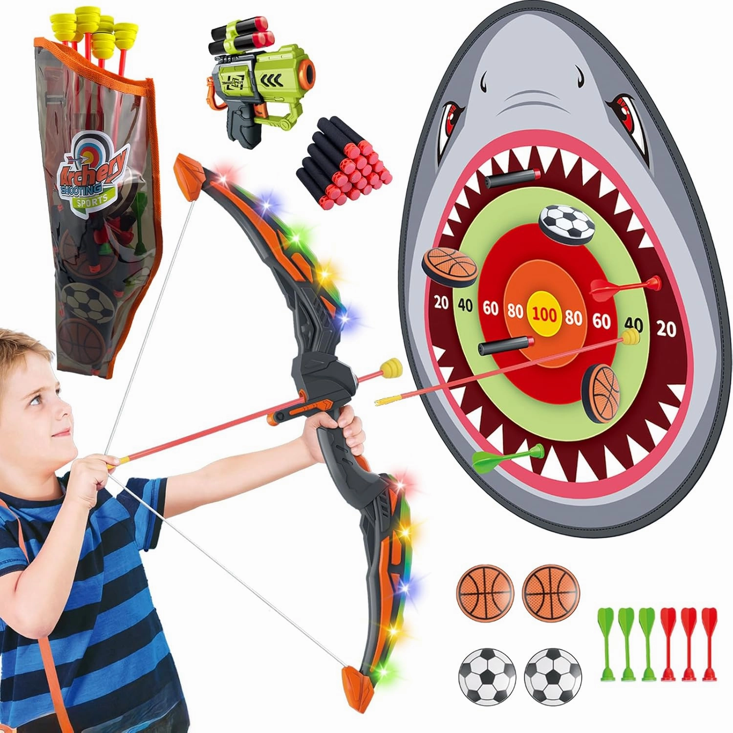 Kids Bow and Arrow Set Toy for Kids 4-8 8-12, Kids LED Light Up Archery Set Targets for Backyard Shooting Games, Indoor Outdoor Sport Playset Birthday Gifts Toys for Boys Girls