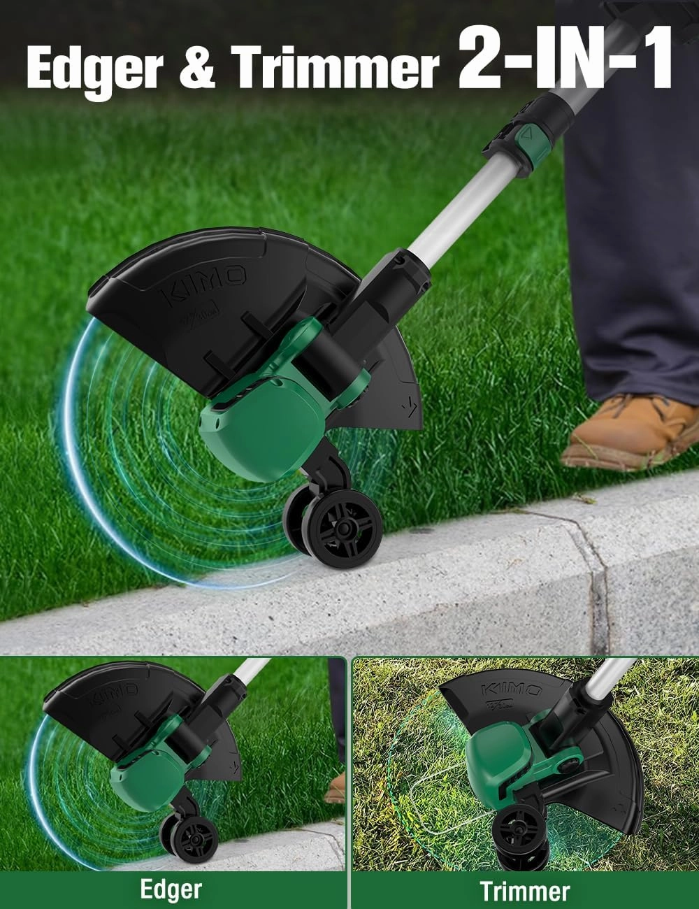 KIMO Weed Wacker Battery Powered w/ 2 x 2.0Ah Batteries, 2-in-1 String Trimmer & Edger with Wheels, 12 Inch Dual-Sided Cutting Line, 10Pcs Replacement Cutting Lines, Electric Weed Eater for Lawn Yard