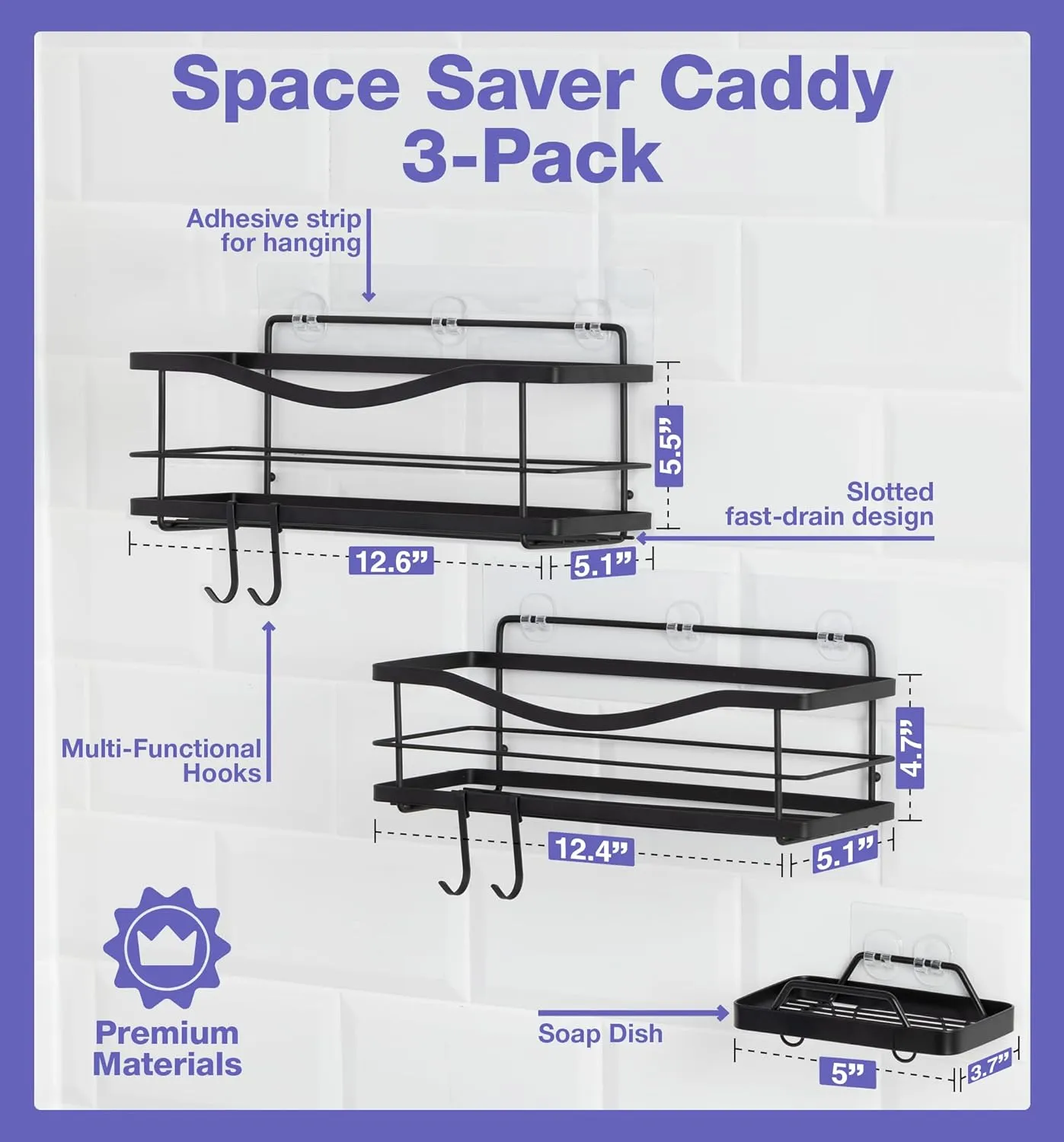KINCMAX Shower Caddy and Soap Holder Set, Rustproof SUS304 Stainless Steel, Adhesive Wall Mount Double Baskets 2-pack with Hooks (Matte Black)