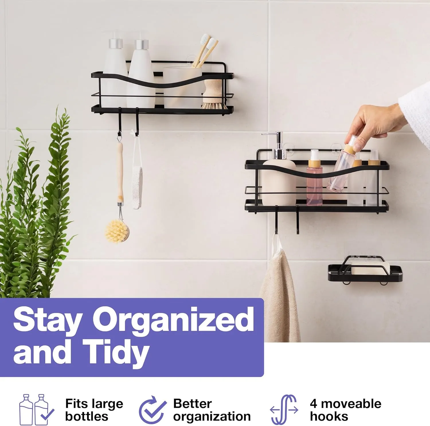 KINCMAX Shower Caddy and Soap Holder Set, Rustproof SUS304 Stainless Steel, Adhesive Wall Mount Double Baskets 2-pack with Hooks (Matte Black)