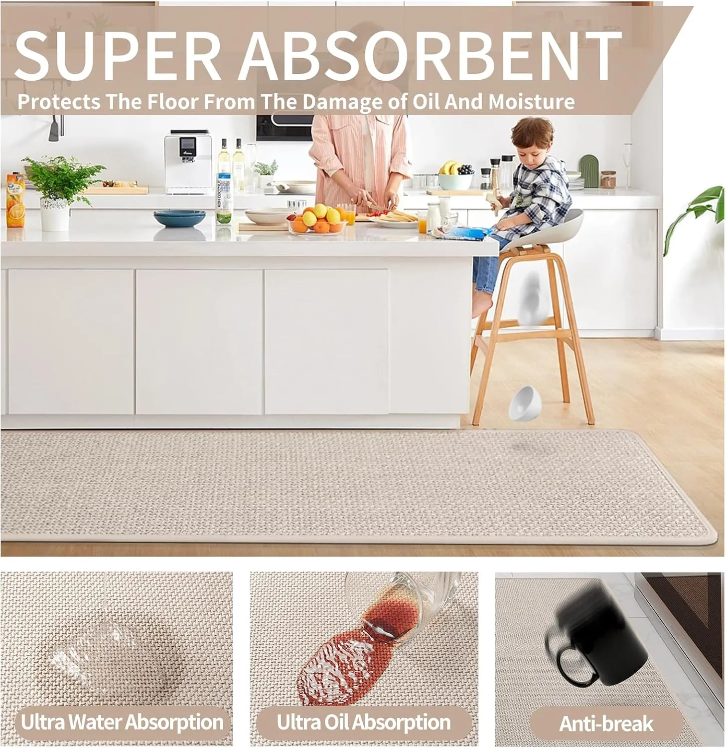 Kitchen Mats for Floor, Super Absorbent Kitchen Rugs Non Slip Washable, Soft Imitation Linen Braided Kitchen Runner Rug, Standing Mat Kitchen Sink Mat, Easy to Clean, Beige 17x30
