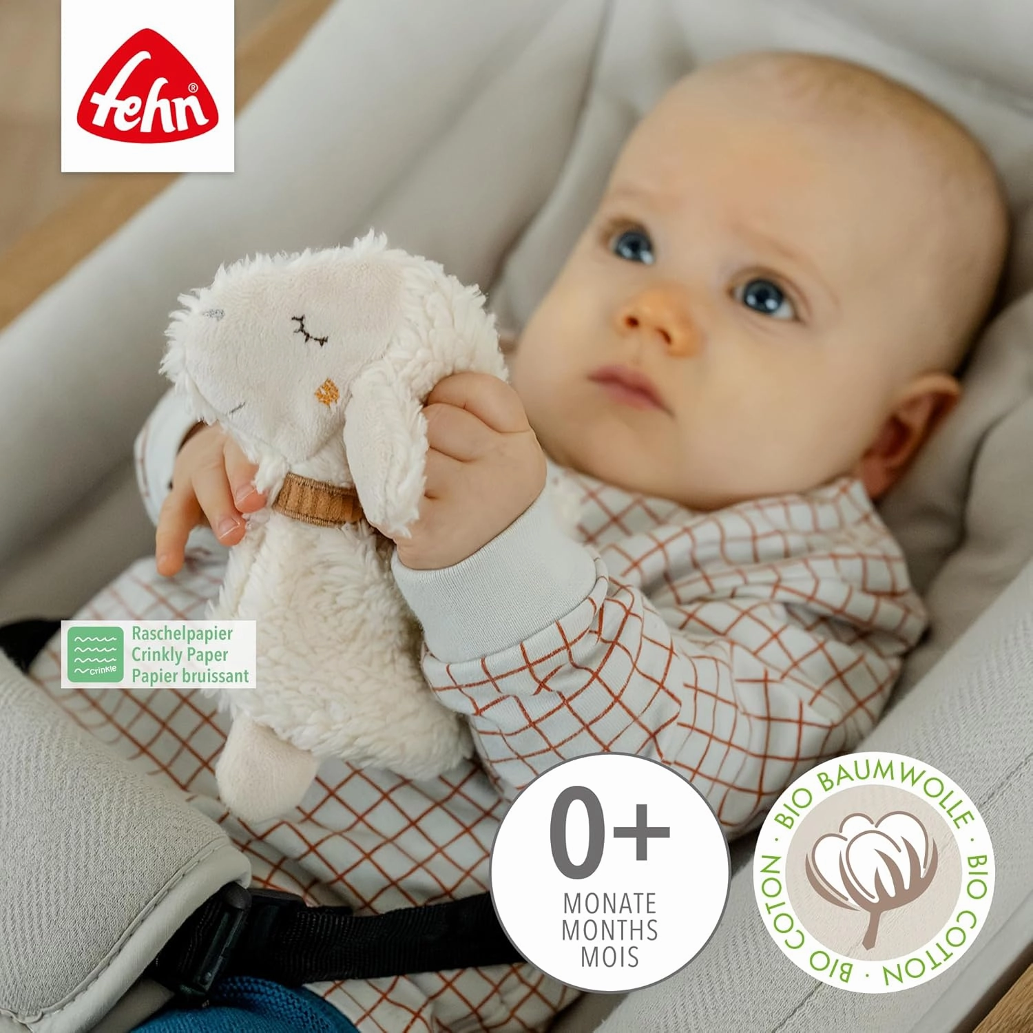 Knister-Schaf Natur – Activity-Rascheltier mit Bio-Baumwolle (kbA) zum Greifen, Spielen & Geräusche erzeugen – Idealer Begleiter für Babys und Kleinkinder AB 0  Monaten