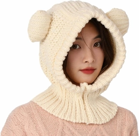 Knit Winter Hat Women Cute Bear Balaclava Warm Hooded Scarf Beanie Hat Skull Cap Collar Neck Cover Pullover