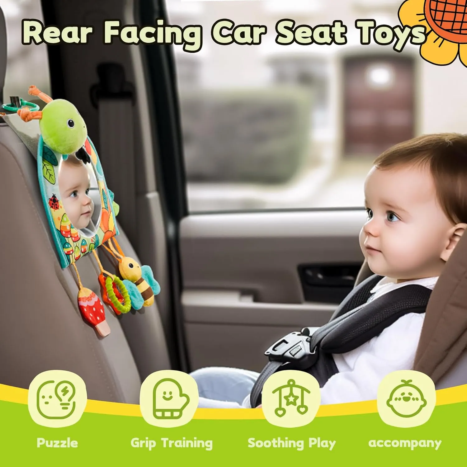 Koty Infant Car Seat Toy - Kick and Play Activity Center with Mirror, Teether and Crinkle Paper, Fun Travel Baby Toy for Rear Car Seat, Easier Drive with Newborns, Babies