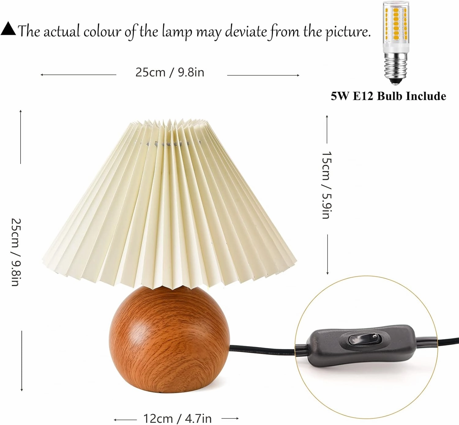 KUNJOULAM Cute Small Pleated Lamp, Modern Bedside Nightstand/Table Lamp with Beige Lampshade, Metal Base for Bedroom, Home Office, Living Room, Kids Dorm with E12 Bulb