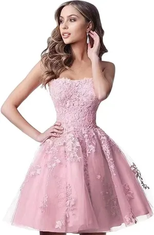 Lace Homecoming Dresses Short A Line Strapless Formal Cocktail Party Gowns