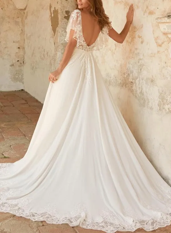 Lace Tulle Wedding Dress A Line Bridal Dress With Detachable Sleeves