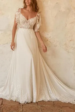 Lace Tulle Wedding Dress A Line Bridal Dress With Detachable Sleeves