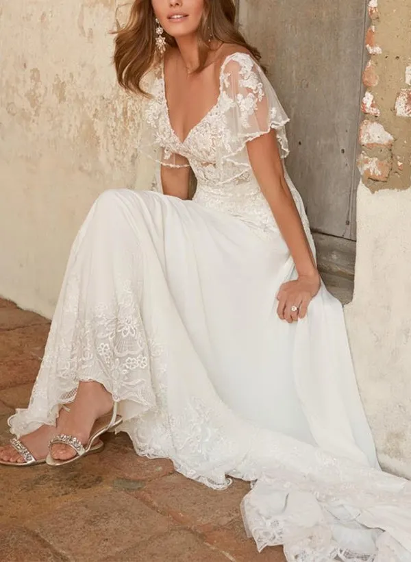 Lace Tulle Wedding Dress A Line Bridal Dress With Detachable Sleeves
