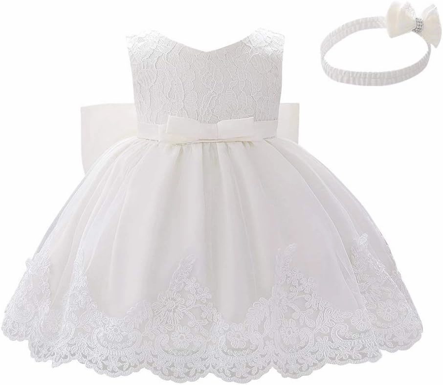 Lace Flower Girls Tutu Dress for Kids Baby Christening Baptism Communion Birthday Party Formal Wedding Dresses Headwear