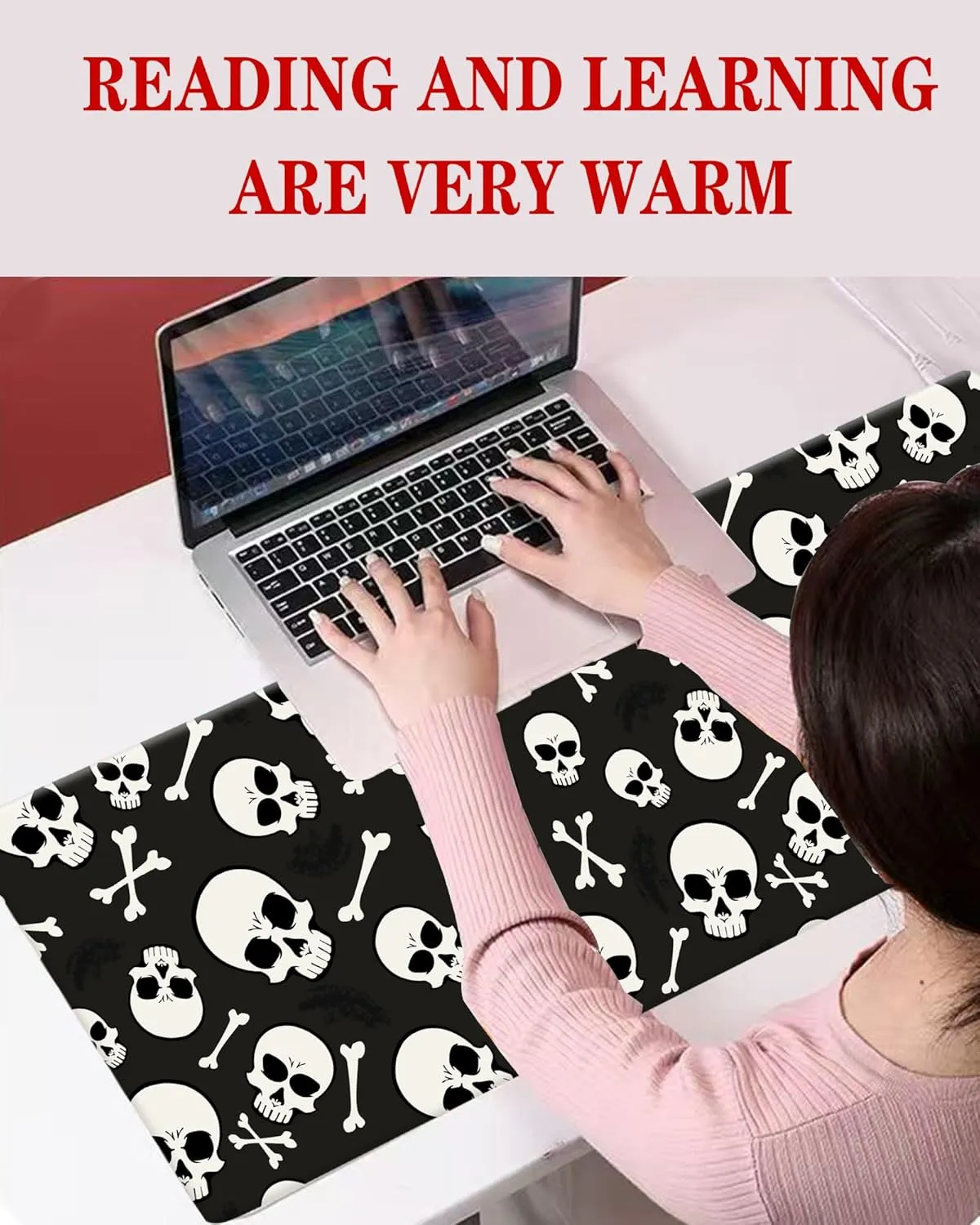 Large Gaming Mouse Pad, Computer Mouse Mat, Funny Desk Pad Protector Decoration, Big Cute Desk Pad, Non-Slip Base 31.5 x 11.8 in Black White Skulls