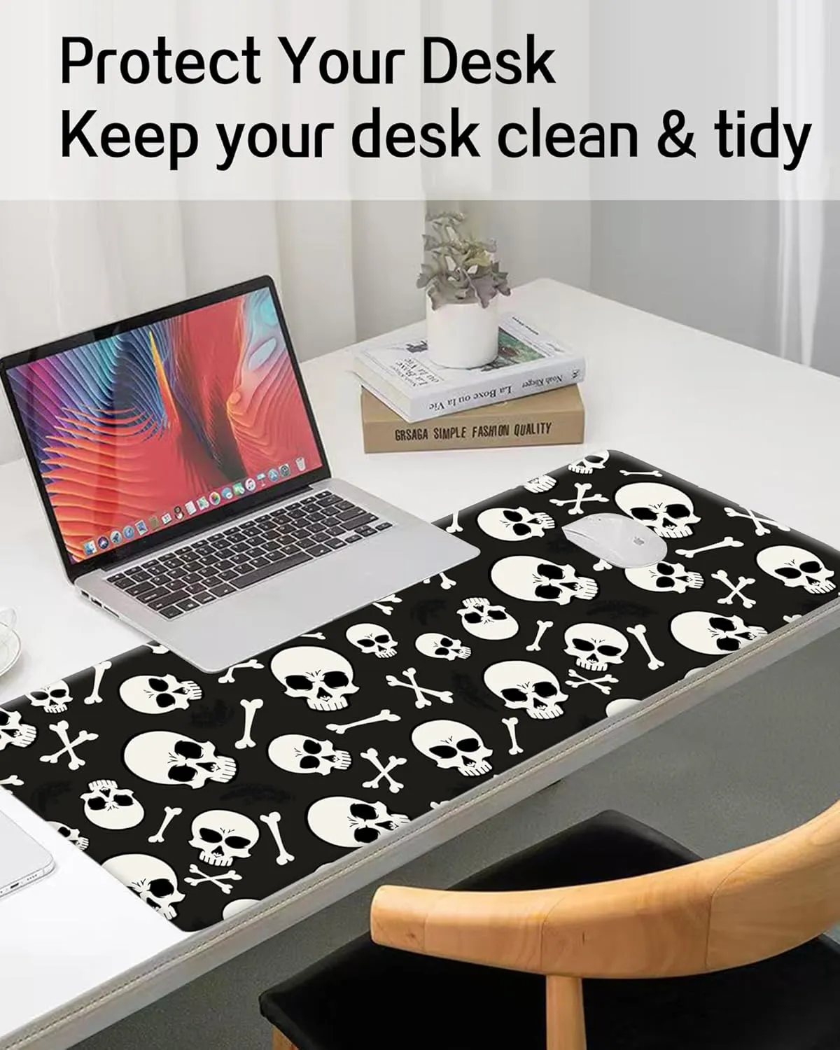 Large Gaming Mouse Pad, Computer Mouse Mat, Funny Desk Pad Protector Decoration, Big Cute Desk Pad, Non-Slip Base 31.5 x 11.8 in Black White Skulls