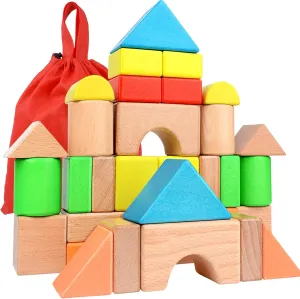 Large Wooden Building Blocks Set - Educational Preschool Learning Toys with Carrying Bag, Toddler Blocks Toys for 3  Year Old Boy and Girl Gifts