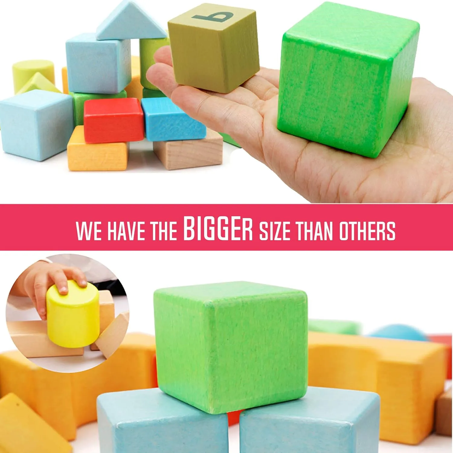 Large Wooden Building Blocks Set - Educational Preschool Learning Toys with Carrying Bag, Toddler Blocks Toys for 3  Year Old Boy and Girl Gifts
