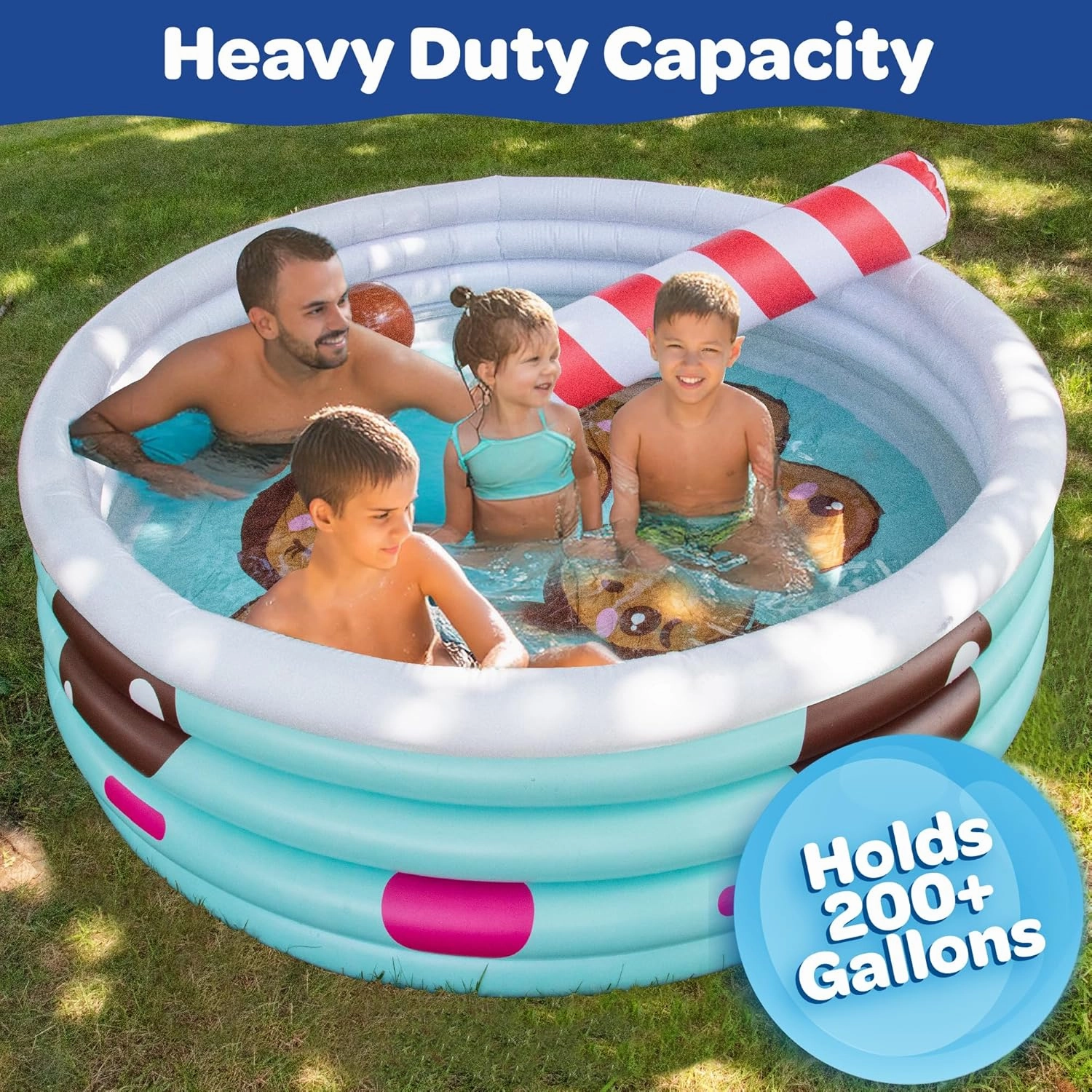 Large Inflatable Kiddie Swimming Pool- Bonus Mini Beach Balls & Noodle Toy- XL Measures 5.5 FT- Cute Design Thick Durable PVC- Backyard Party Fun for Family Baby Kids Adults- Summer Ball Pit Game