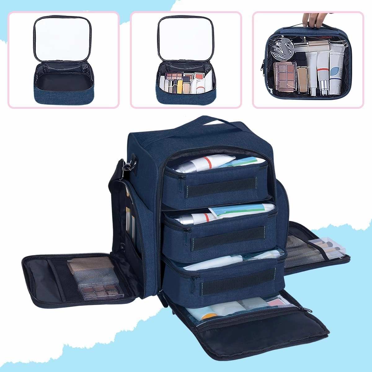 Large Makeup Bag Cosmetic Case Organizer with 3 Inner Removable Pouches Multifunctional Travel Train Storage,Blue