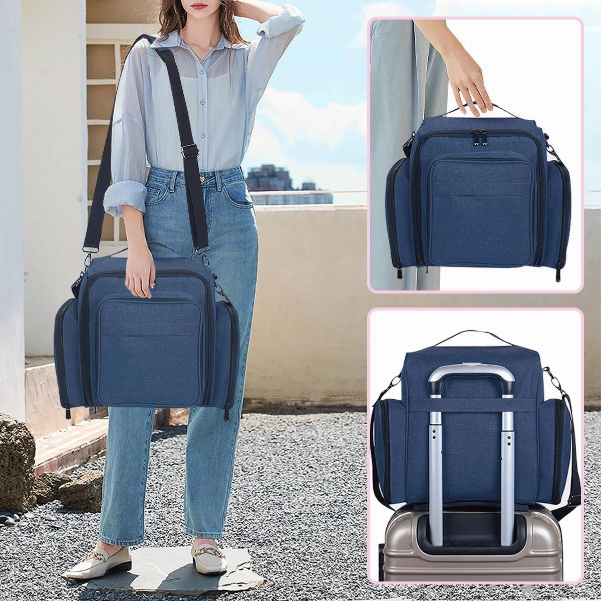 Large Makeup Bag Cosmetic Case Organizer with 3 Inner Removable Pouches Multifunctional Travel Train Storage,Blue