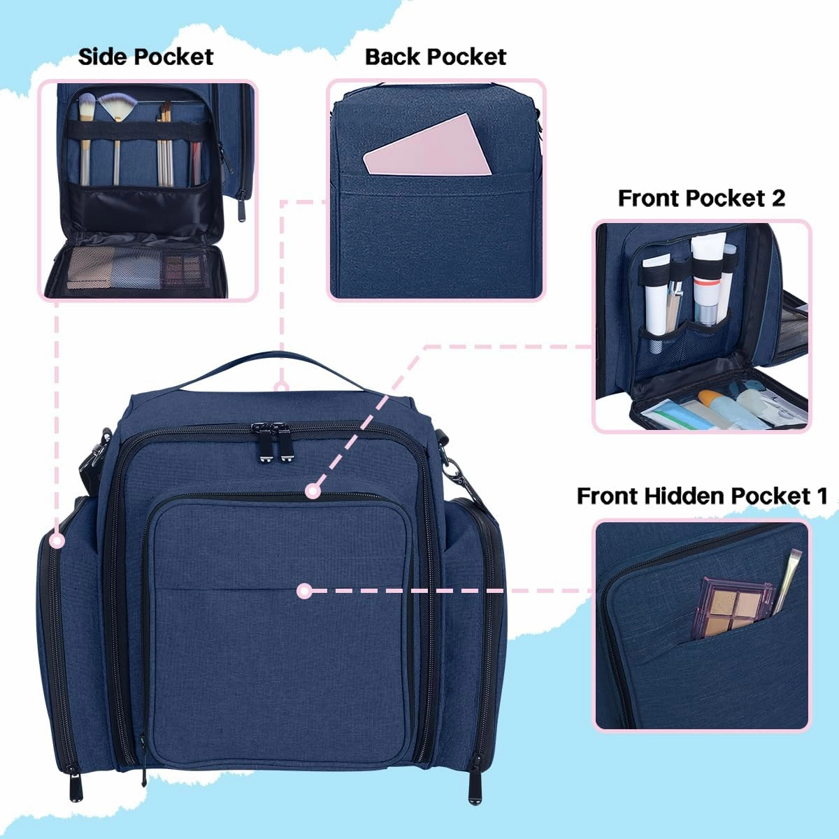 Large Makeup Bag Cosmetic Case Organizer with 3 Inner Removable Pouches Multifunctional Travel Train Storage,Blue