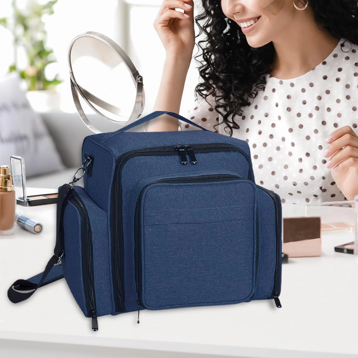 Large Makeup Bag Cosmetic Case Organizer with 3 Inner Removable Pouches Multifunctional Travel Train Storage,Blue