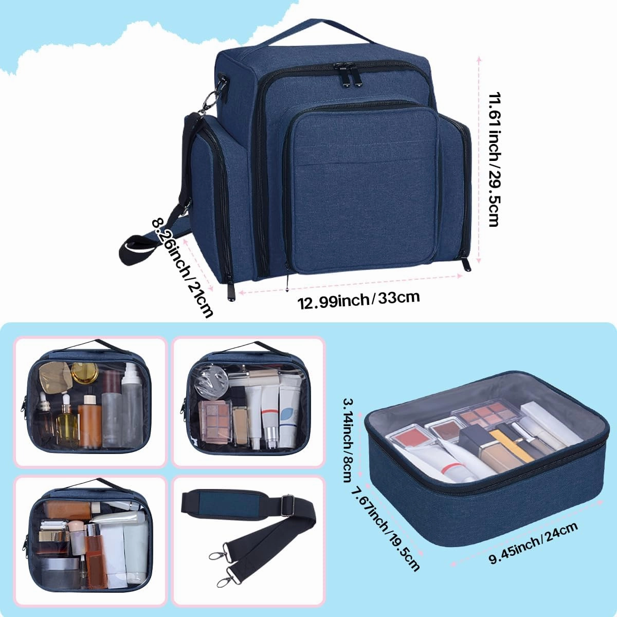 Large Makeup Bag Cosmetic Case Organizer with 3 Inner Removable Pouches Multifunctional Travel Train Storage,Blue