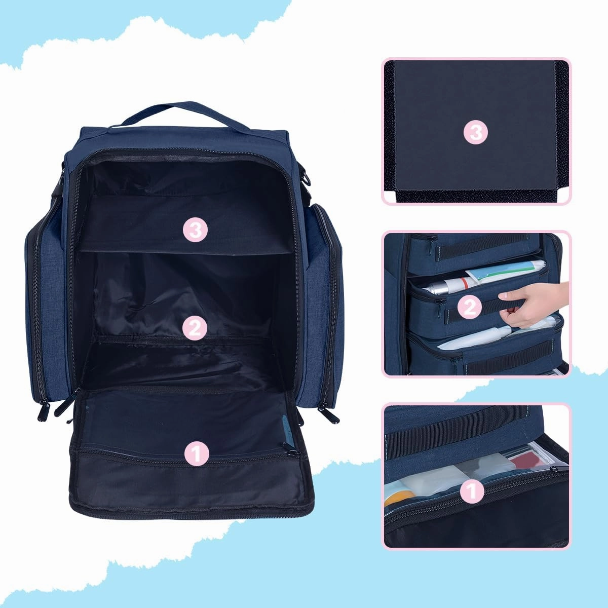 Large Makeup Bag Cosmetic Case Organizer with 3 Inner Removable Pouches Multifunctional Travel Train Storage,Blue