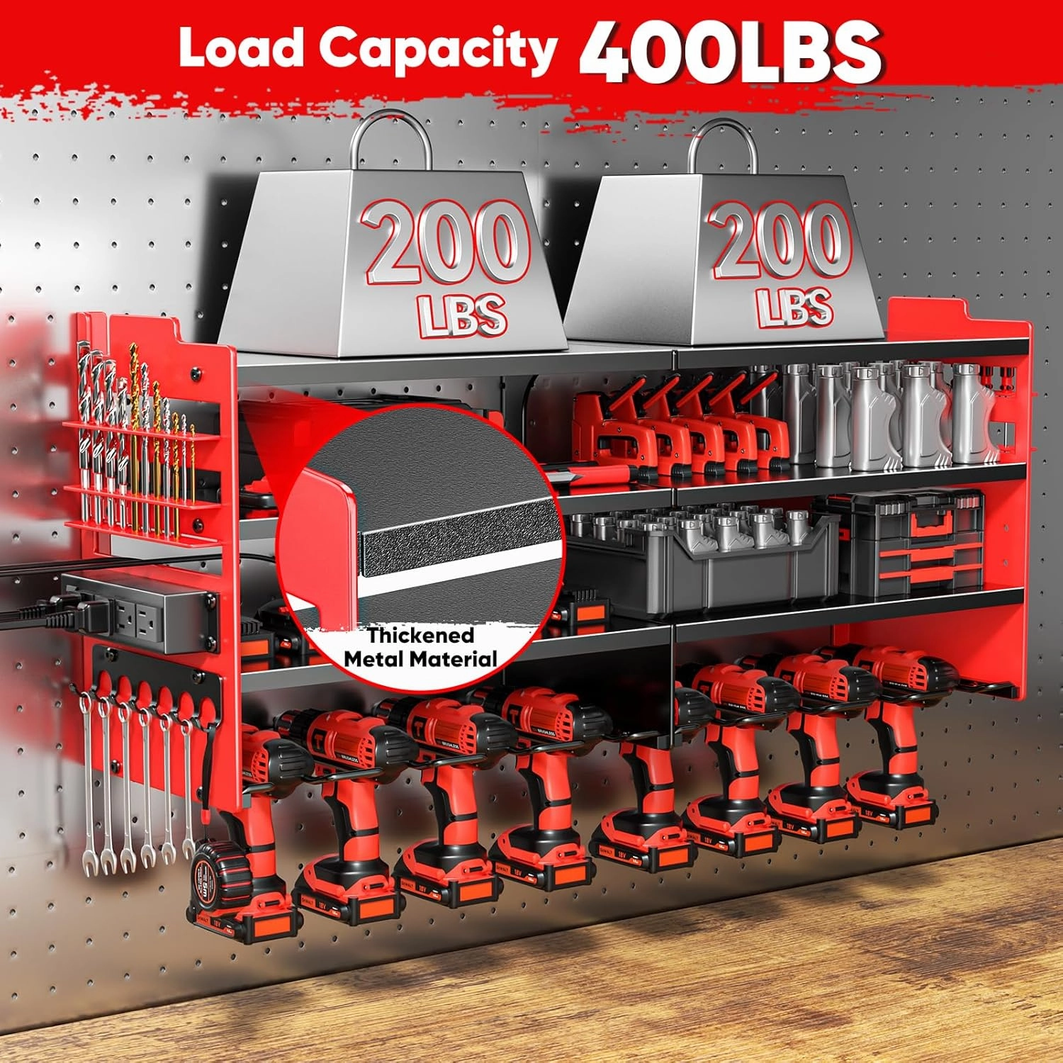 Large Power Tool Organizer Wall Mount with Charging Station,4 Layer Heavy Duty Metal Tool Storage Shelf Loads 600lbs,Battery Utility Rack With 4 Outlet Power Strip with 8 Cordless Drill Holder