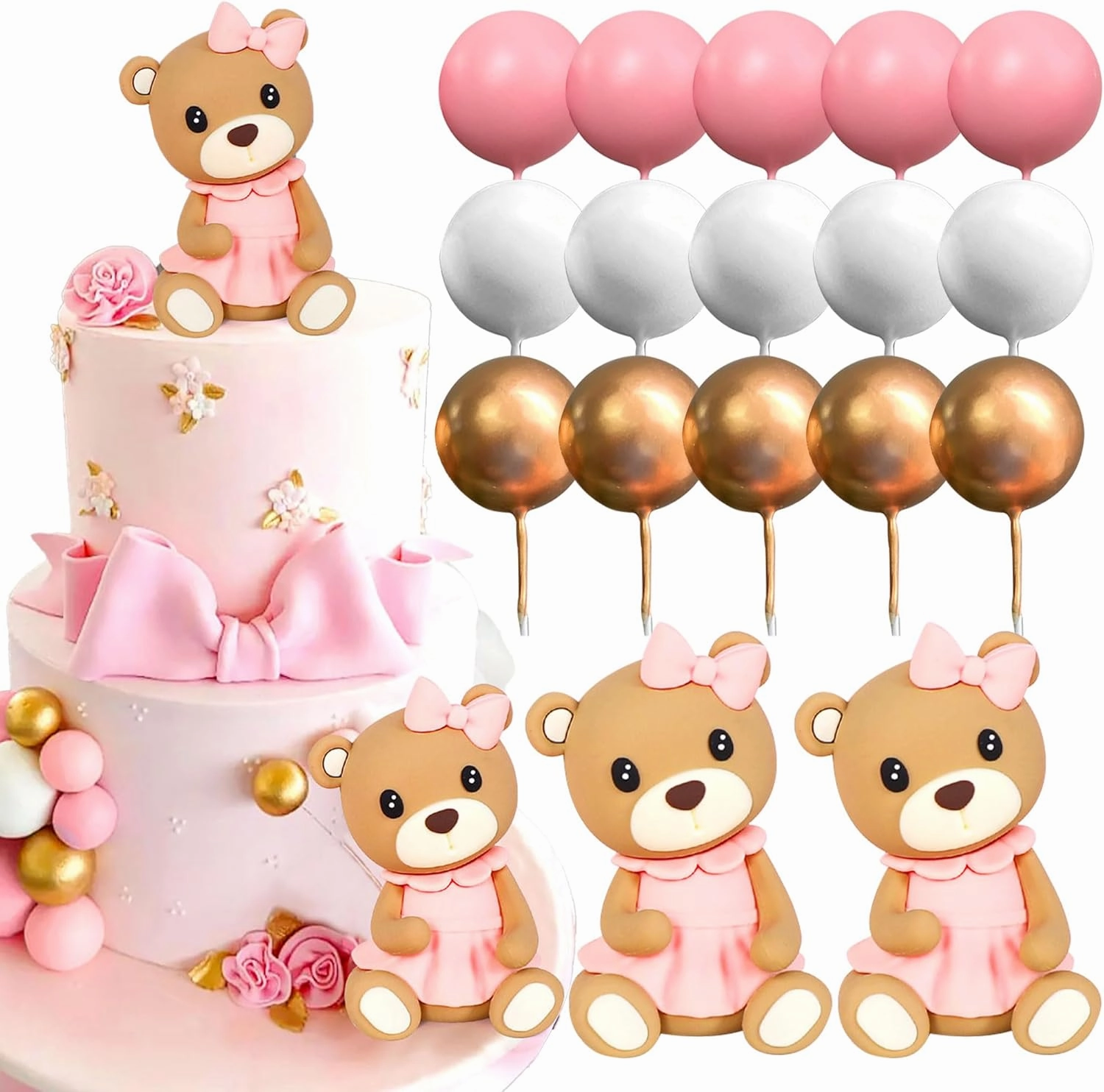 LaVenty Cute Pink Teddy Bear Cake Decoration Christening Boy Cake Decoration Girl 1 Year Blue Cake Decoration Teddy Bear Cake Decoration for Wedding Baby Shower Birthday Party