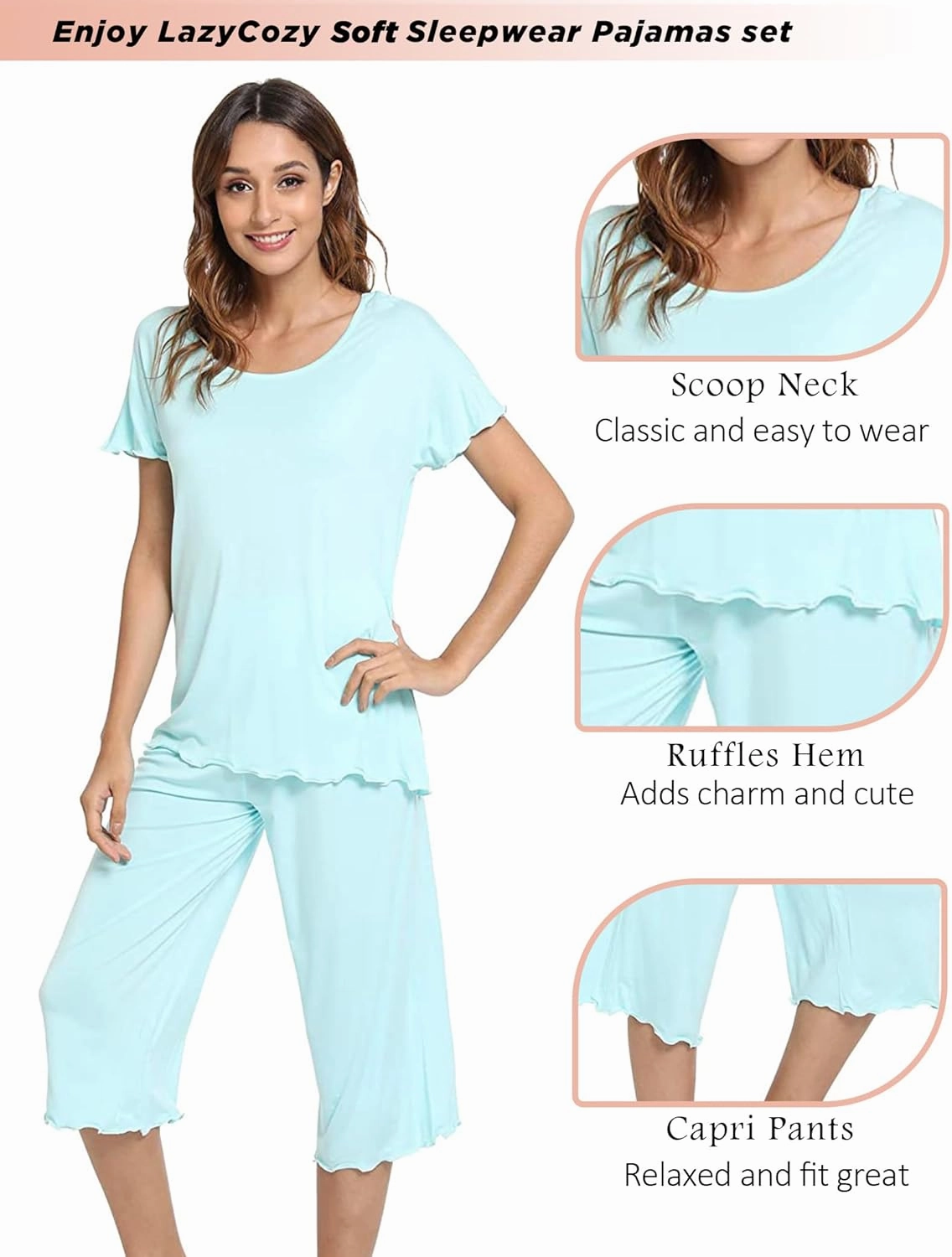 LazyCozy Womens Pajama Sets Viscose from Bamboo Pj Set Short Sleeve Top with Capri Pants Sleepwear 2 Piece Lounge Set