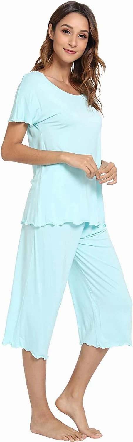 LazyCozy Womens Pajama Sets Viscose from Bamboo Pj Set Short Sleeve Top with Capri Pants Sleepwear 2 Piece Lounge Set