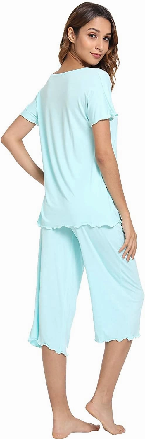 LazyCozy Womens Pajama Sets Viscose from Bamboo Pj Set Short Sleeve Top with Capri Pants Sleepwear 2 Piece Lounge Set