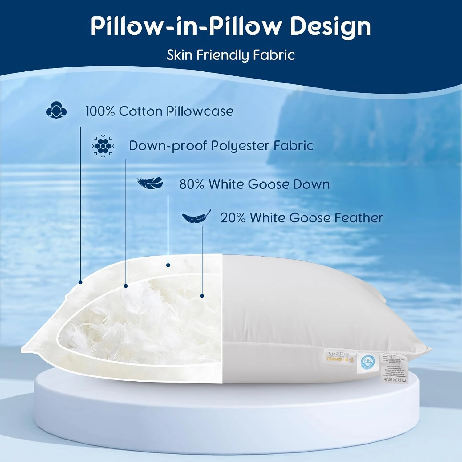 LBRO2M Canada Goose Down Pillow 1050 Fill Power 80% Goose Down 20% Goose Feather 100% Cotton Pillowcase Queen Down Pillows Ideal for Plush Comfort and Support (20"X36", Set of 1)