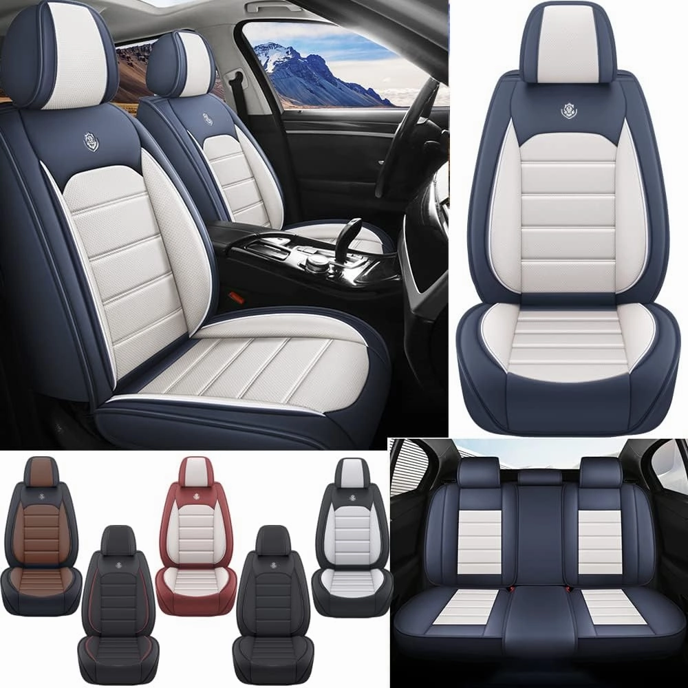 Leather Seat Cover for Saturn Astra 2008,Waterproof Soft Seat Covers,Interior Accessories Seat Covers Cushion Vehicle Protector Airbag Compatible(Blue&White,Full Set)