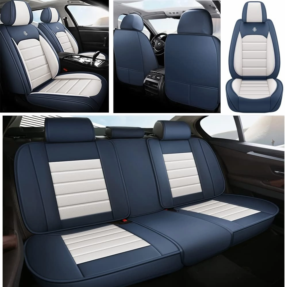 Leather Seat Cover for Saturn Astra 2008,Waterproof Soft Seat Covers,Interior Accessories Seat Covers Cushion Vehicle Protector Airbag Compatible(Blue&White,Full Set)